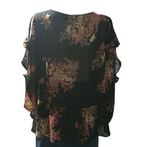 Halogen Chiffon Dark Floral Blouse w/"Cold Arm" Ruffled Sleeve size Halogen 1 - Picture 7 of 8
